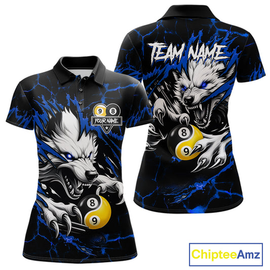Personalized Wolf Yinyang 8 Ball & 9 Ball Billiard Shirt For Women Custom Pool Team Jersey|Blue TDM7334