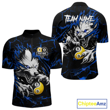 Personalized Wolf Yinyang 8 Ball & 9 Ball Billiard Shirt For Men Custom Pool Team Jersey|Blue TDM7334