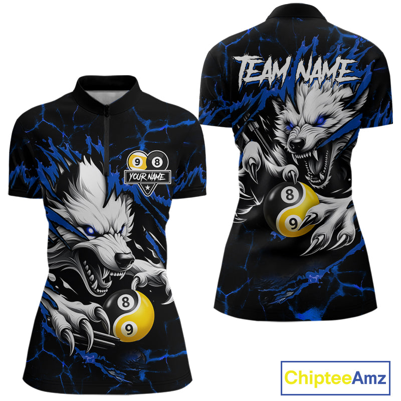 Personalized Wolf Yinyang 8 Ball & 9 Ball Billiard Shirt For Women Custom Pool Team Jersey|Blue TDM7334