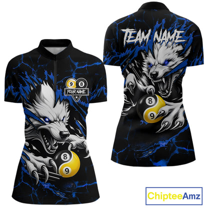 Personalized Wolf Yinyang 8 Ball & 9 Ball Billiard Shirt For Women Custom Pool Team Jersey|Blue TDM7334