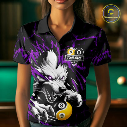Personalized Wolf Yinyang 8 Ball & 9 Ball Billiard Shirt For Women Custom Pool Team Jersey|Purple TDM7335