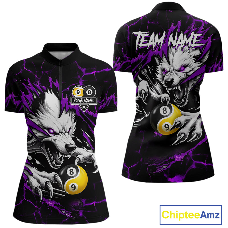 Personalized Wolf Yinyang 8 Ball & 9 Ball Billiard Shirt For Women Custom Pool Team Jersey|Purple TDM7335