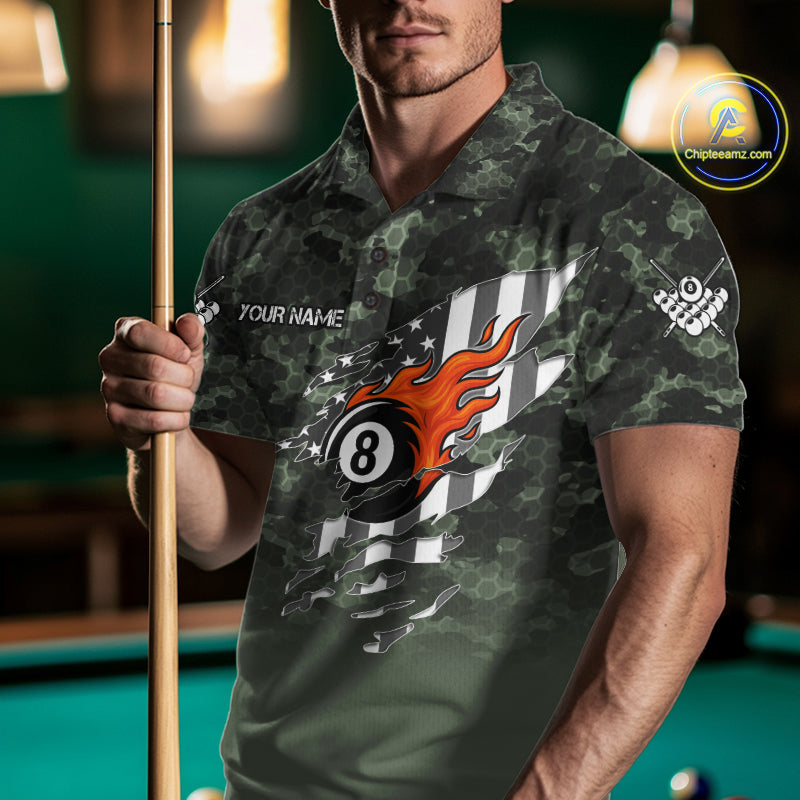 Green Camo 8 Ball Wings American Flag Billiard Shirts For Men Custom Patriotic Pool Team Jersey TDM7337