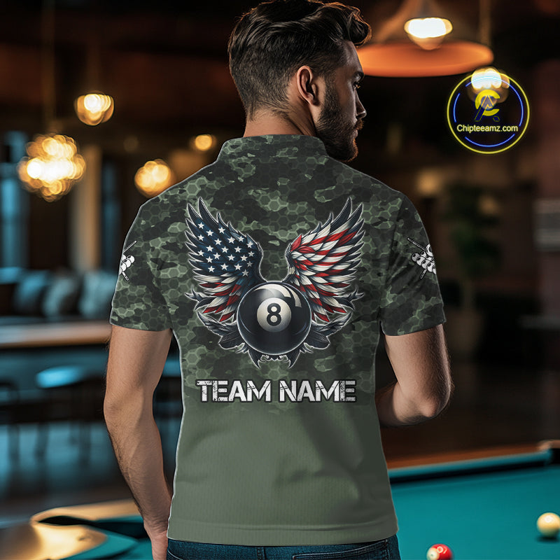 Green Camo 8 Ball Wings American Flag Billiard Shirts For Men Custom Patriotic Pool Team Jersey TDM7337
