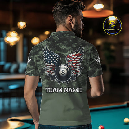 Green Camo 8 Ball Wings American Flag Billiard Shirts For Men Custom Patriotic Pool Team Jersey TDM7337