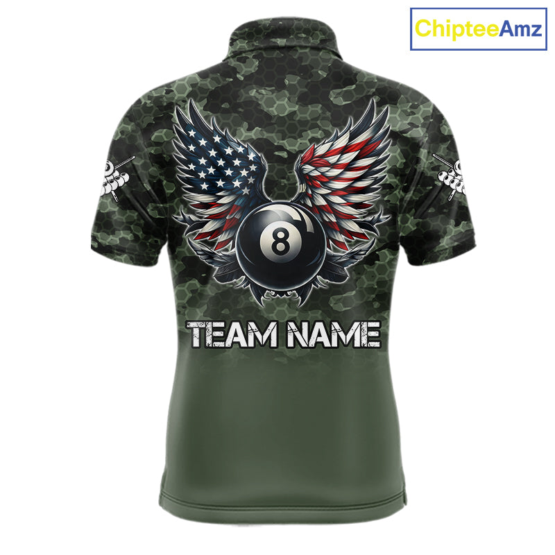 Green Camo 8 Ball Wings American Flag Billiard Shirts For Men Custom Patriotic Pool Team Jersey TDM7337