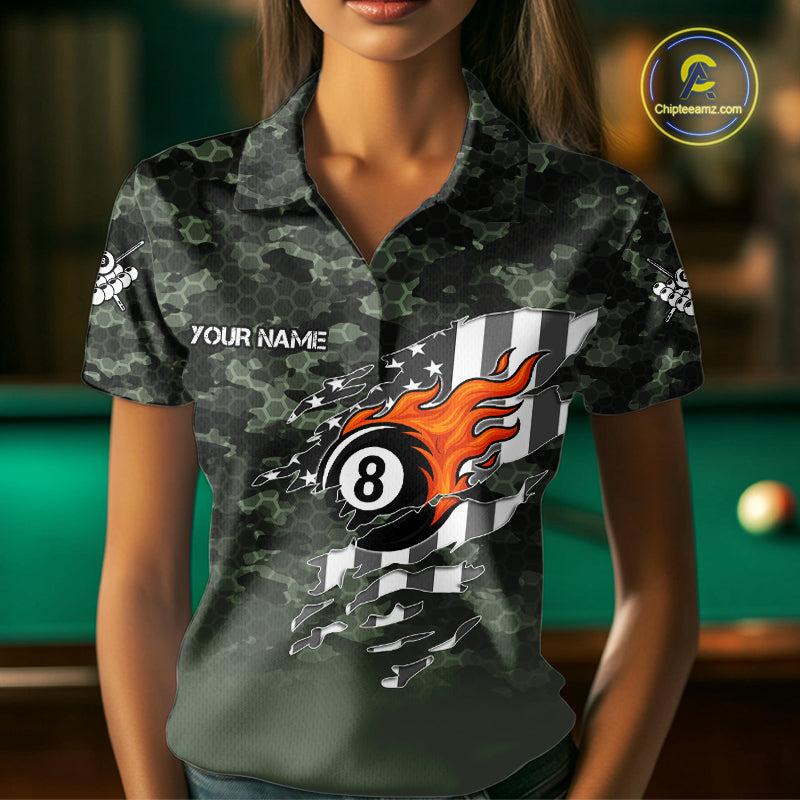 Green Camo 8 Ball Wings American Flag Billiard Shirts For Women Custom Patriotic Pool Team Jersey TDM7337