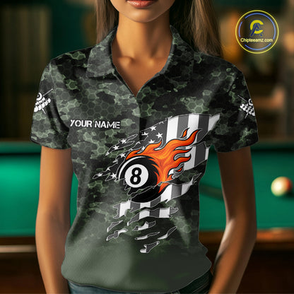 Green Camo 8 Ball Wings American Flag Billiard Shirts For Women Custom Patriotic Pool Team Jersey TDM7337