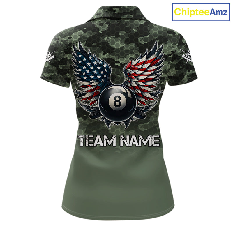 Green Camo 8 Ball Wings American Flag Billiard Shirts For Women Custom Patriotic Pool Team Jersey TDM7337