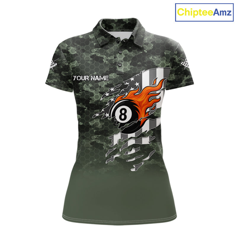 Green Camo 8 Ball Wings American Flag Billiard Shirts For Women Custom Patriotic Pool Team Jersey TDM7337