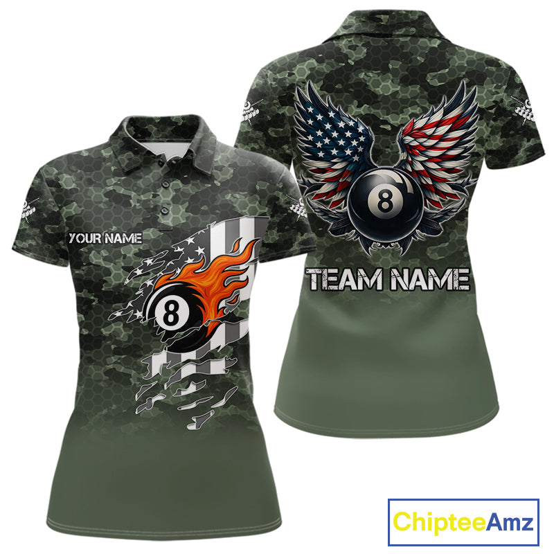 Green Camo 8 Ball Wings American Flag Billiard Shirts For Women Custom Patriotic Pool Team Jersey TDM7337