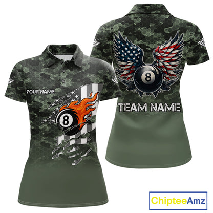 Green Camo 8 Ball Wings American Flag Billiard Shirts For Women Custom Patriotic Pool Team Jersey TDM7337