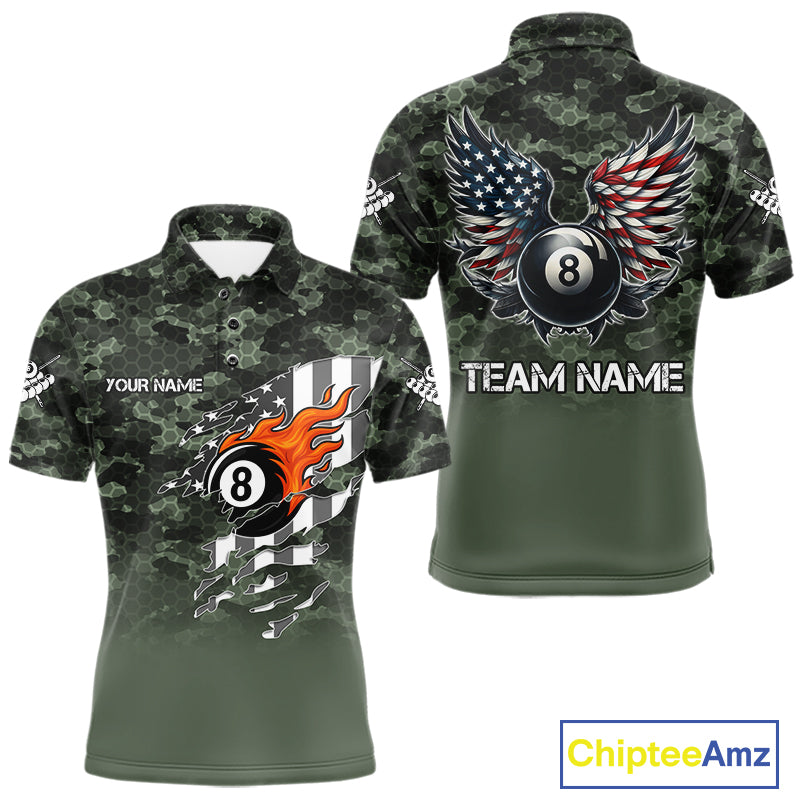 Green Camo 8 Ball Wings American Flag Billiard Shirts For Men Custom Patriotic Pool Team Jersey TDM7337