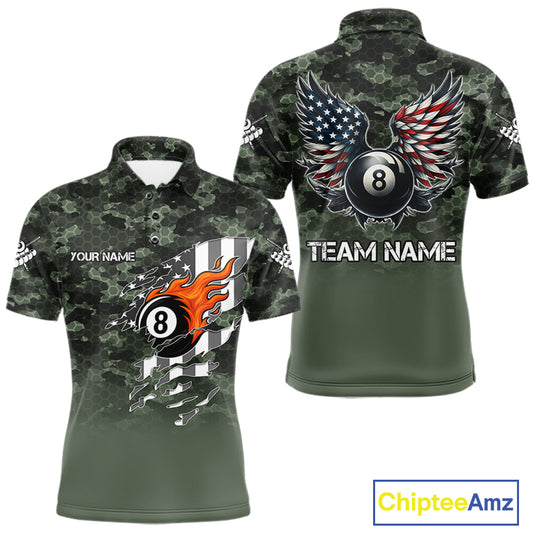 Green Camo 8 Ball Wings American Flag Billiard Shirts For Men Custom Patriotic Pool Team Jersey TDM7337