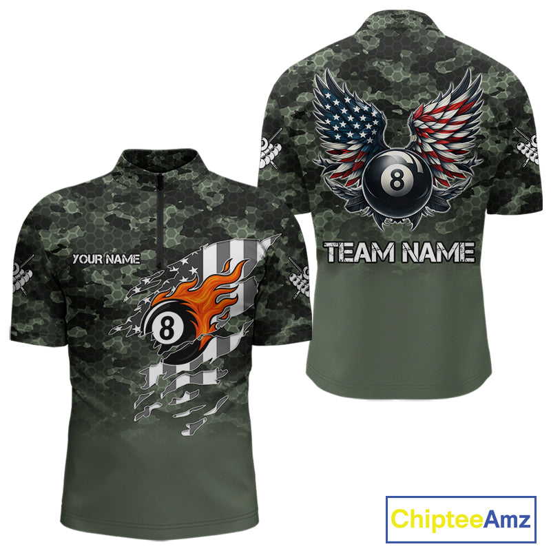 Green Camo 8 Ball Wings American Flag Billiard Shirts For Men Custom Patriotic Pool Team Jersey TDM7337