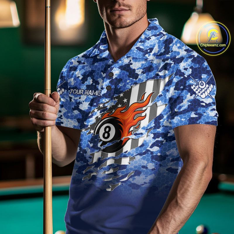 Personalized Blue Camo 8 Ball Wings US Flag Billiard Shirts For Men Patriotic Pool Team Jersey TDM7338