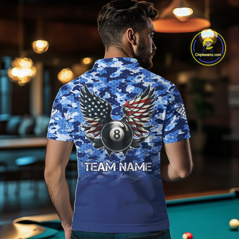 Personalized Blue Camo 8 Ball Wings US Flag Billiard Shirts For Men Patriotic Pool Team Jersey TDM7338