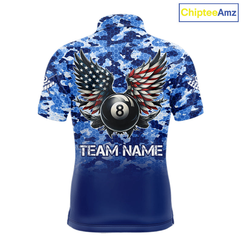 Personalized Blue Camo 8 Ball Wings US Flag Billiard Shirts For Men Patriotic Pool Team Jersey TDM7338