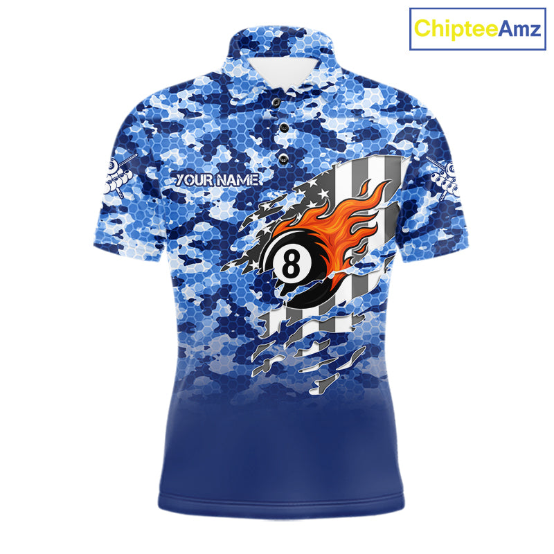 Personalized Blue Camo 8 Ball Wings US Flag Billiard Shirts For Men Patriotic Pool Team Jersey TDM7338
