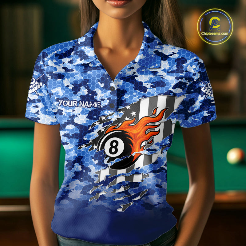 Personalized Blue Camo 8 Ball Wings US Flag Billiard Shirts For Women Patriotic Pool Team Jersey TDM7338