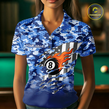 Personalized Blue Camo 8 Ball Wings US Flag Billiard Shirts For Women Patriotic Pool Team Jersey TDM7338