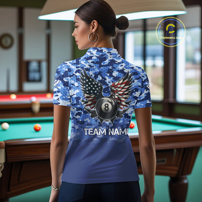Personalized Blue Camo 8 Ball Wings US Flag Billiard Shirts For Women Patriotic Pool Team Jersey TDM7338