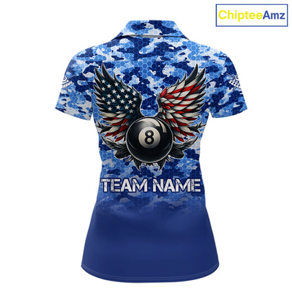 Personalized Blue Camo 8 Ball Wings US Flag Billiard Shirts For Women Patriotic Pool Team Jersey TDM7338