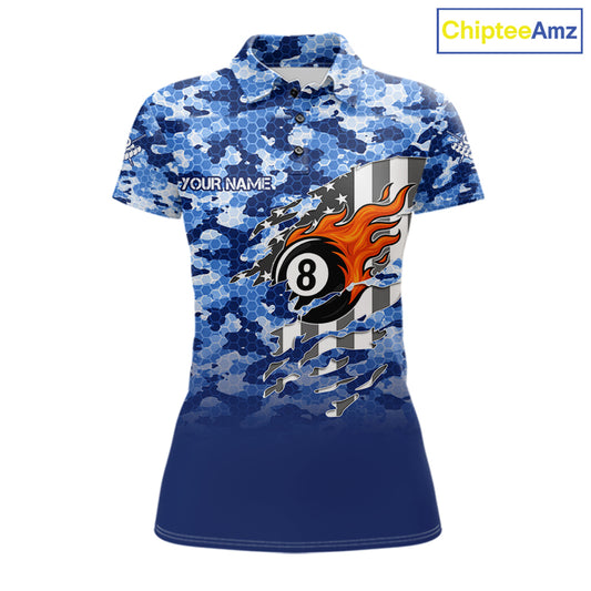 Personalized Blue Camo 8 Ball Wings US Flag Billiard Shirts For Women Patriotic Pool Team Jersey TDM7338