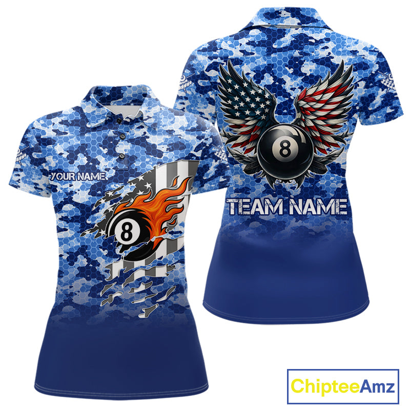 Personalized Blue Camo 8 Ball Wings US Flag Billiard Shirts For Women Patriotic Pool Team Jersey TDM7338
