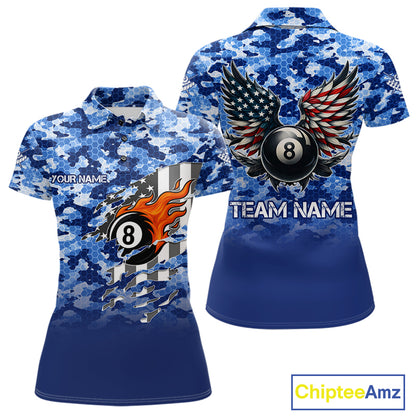 Personalized Blue Camo 8 Ball Wings US Flag Billiard Shirts For Women Patriotic Pool Team Jersey TDM7338