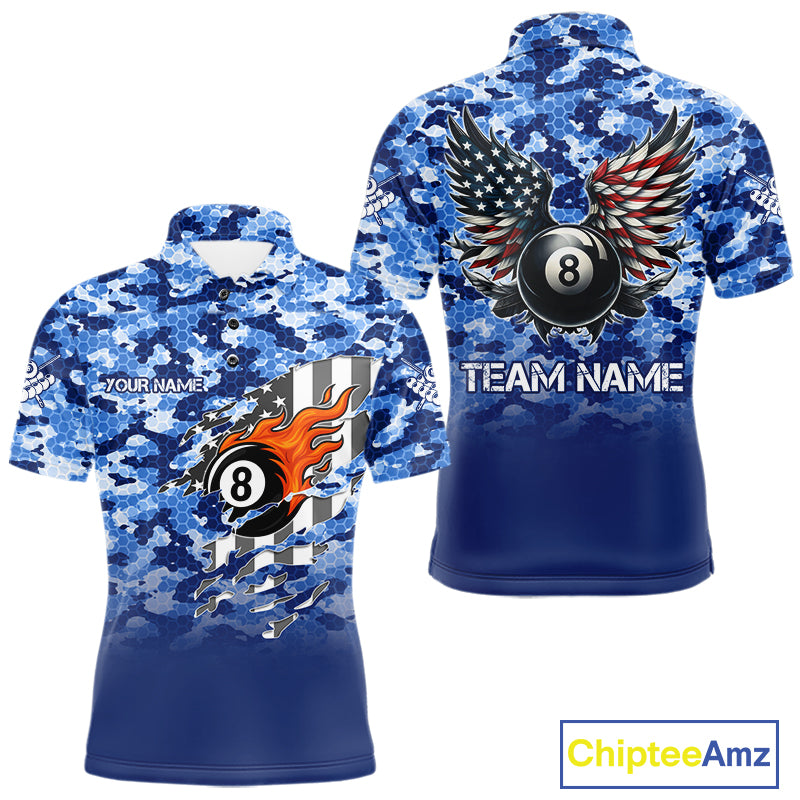 Personalized Blue Camo 8 Ball Wings US Flag Billiard Shirts For Men Patriotic Pool Team Jersey TDM7338