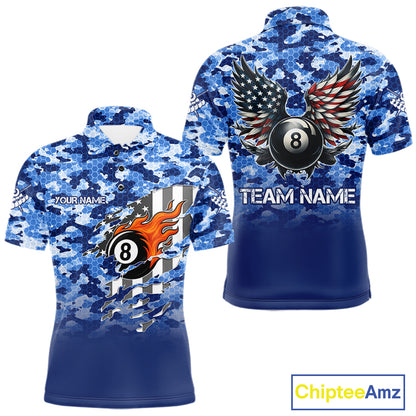 Personalized Blue Camo 8 Ball Wings US Flag Billiard Shirts For Men Patriotic Pool Team Jersey TDM7338