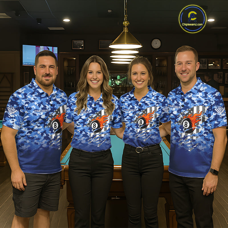 Personalized Blue Camo 8 Ball Wings US Flag Billiard Shirts For Men Patriotic Pool Team Jersey TDM7338
