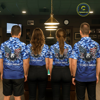 Personalized Blue Camo 8 Ball Wings US Flag Billiard Shirts For Men Patriotic Pool Team Jersey TDM7338