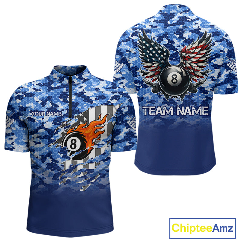 Personalized Blue Camo 8 Ball Wings US Flag Billiard Shirts For Men Patriotic Pool Team Jersey TDM7338