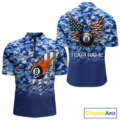 Personalized Blue Camo 8 Ball Wings US Flag Billiard Shirts For Men Patriotic Pool Team Jersey TDM7338
