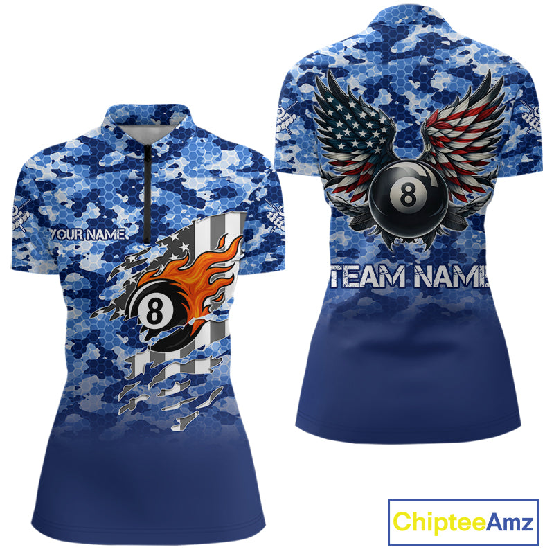 Personalized Blue Camo 8 Ball Wings US Flag Billiard Shirts For Women Patriotic Pool Team Jersey TDM7338