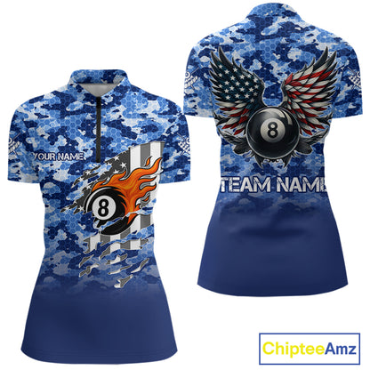 Personalized Blue Camo 8 Ball Wings US Flag Billiard Shirts For Women Patriotic Pool Team Jersey TDM7338