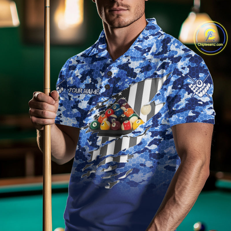 Personalized Blue Camo American Flag Billiard Shirts For Men Patriotic 8 Ball Pool Team Jersey TDM7339