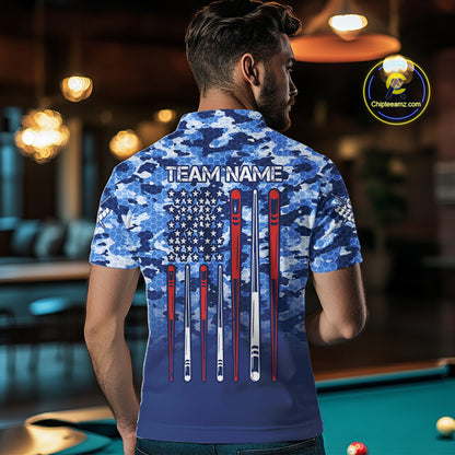 Personalized Blue Camo American Flag Billiard Shirts For Men Patriotic 8 Ball Pool Team Jersey TDM7339