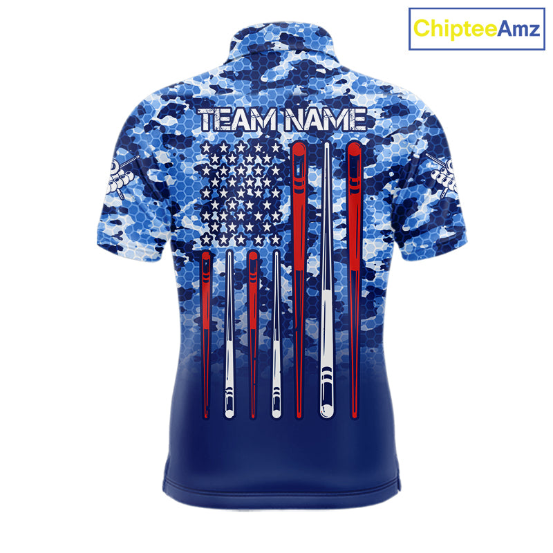 Personalized Blue Camo American Flag Billiard Shirts For Men Patriotic 8 Ball Pool Team Jersey TDM7339