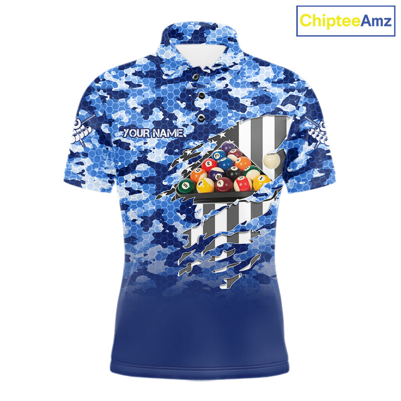 Personalized Blue Camo American Flag Billiard Shirts For Men Patriotic 8 Ball Pool Team Jersey TDM7339