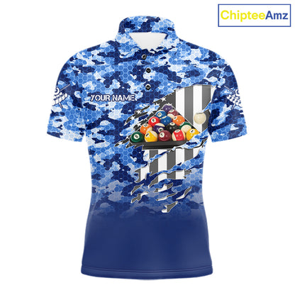 Personalized Blue Camo American Flag Billiard Shirts For Men Patriotic 8 Ball Pool Team Jersey TDM7339