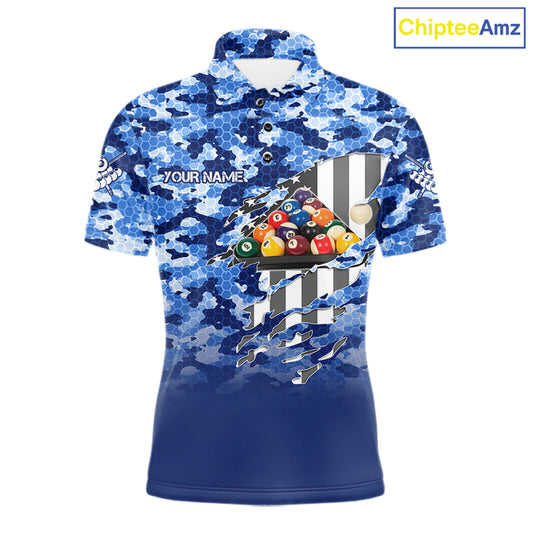 Personalized Blue Camo American Flag Billiard Shirts For Men Patriotic 8 Ball Pool Team Jersey TDM7339