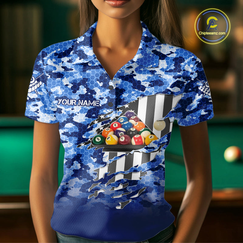 Personalized Blue Camo American Flag Billiard Shirts For Women Patriotic 8 Ball Pool Team Jersey TDM7339