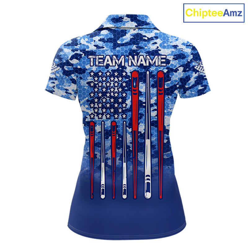 Personalized Blue Camo American Flag Billiard Shirts For Women Patriotic 8 Ball Pool Team Jersey TDM7339