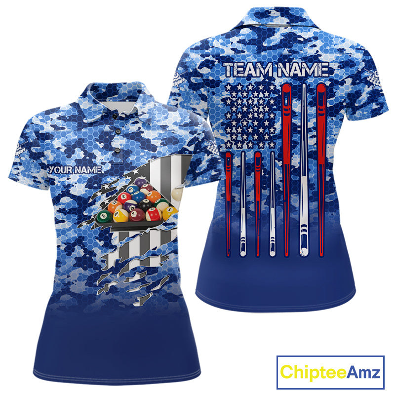 Personalized Blue Camo American Flag Billiard Shirts For Women Patriotic 8 Ball Pool Team Jersey TDM7339
