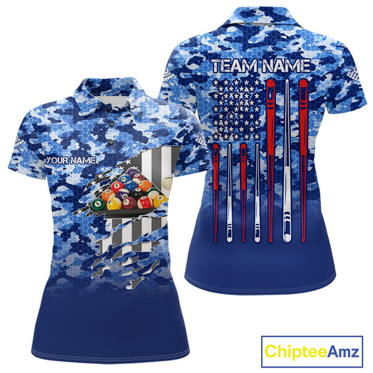 Personalized Blue Camo American Flag Billiard Shirts For Women Patriotic 8 Ball Pool Team Jersey TDM7339