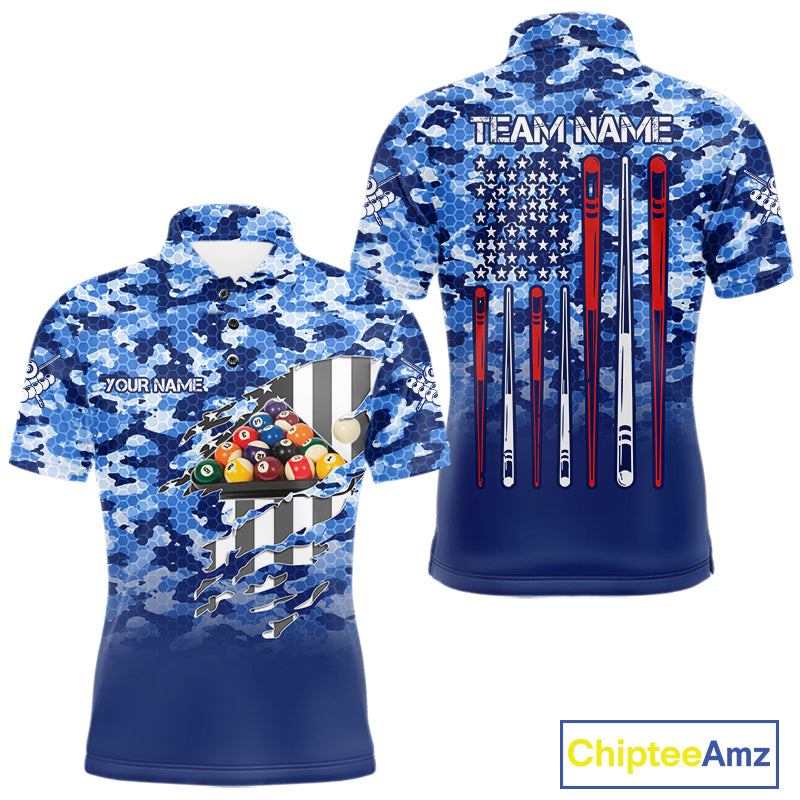 Personalized Blue Camo American Flag Billiard Shirts For Men Patriotic 8 Ball Pool Team Jersey TDM7339