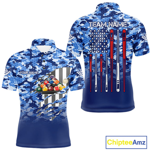 Personalized Blue Camo American Flag Billiard Shirts For Men Patriotic 8 Ball Pool Team Jersey TDM7339